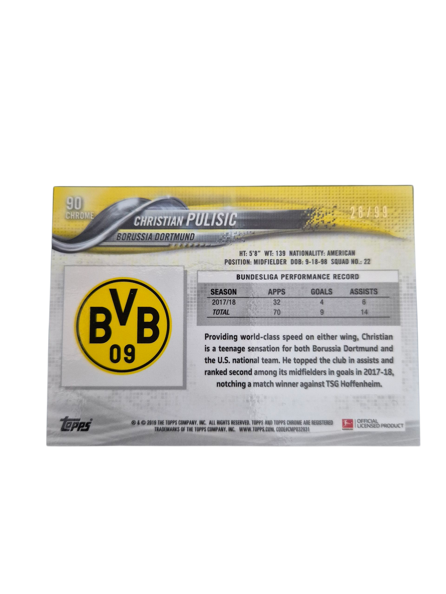 Christian Pulisic – Topps Chrome Bundesliga Green Refractor (#26/99, 2018)